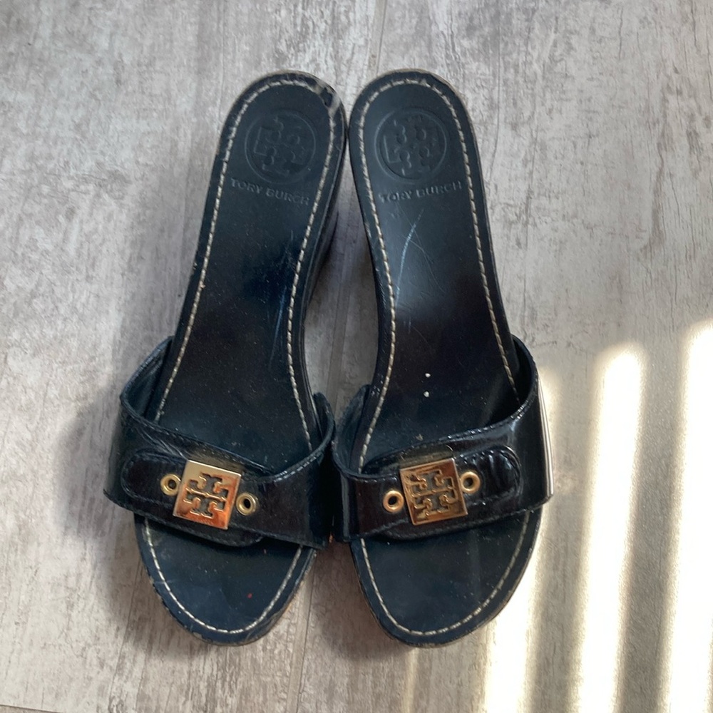 Tory Burch Black Slides with Gold Emblem